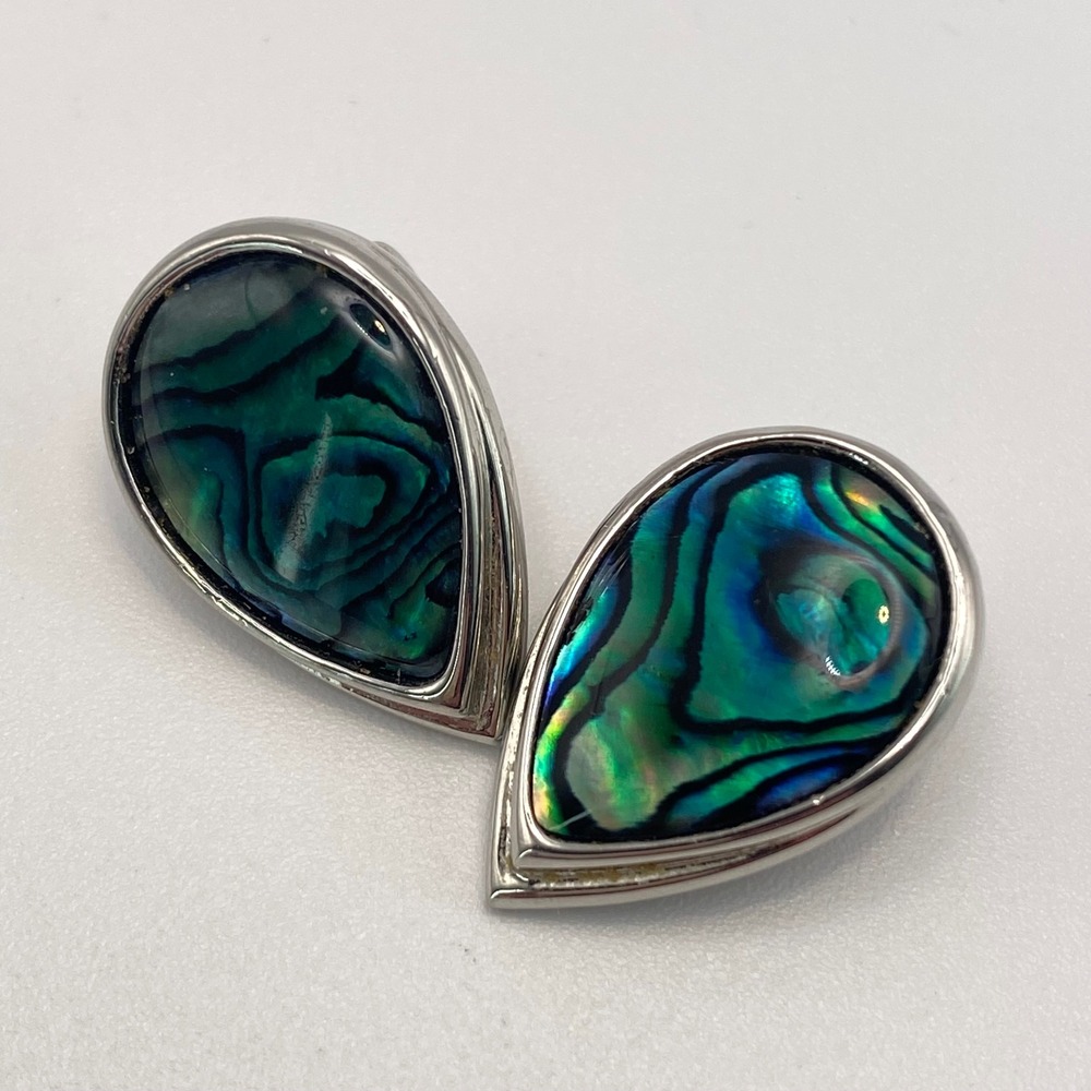 Vintage Clip On Earrings Silver Tone Teardrop Abalone Shell Blue Green Boho 1.5"